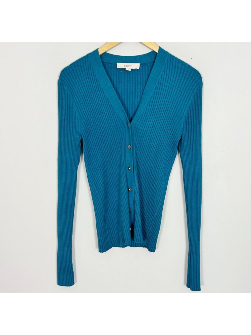 Loft Turquoise Blue Ribbed Cardigan Sweater Button Front Size Small Women's